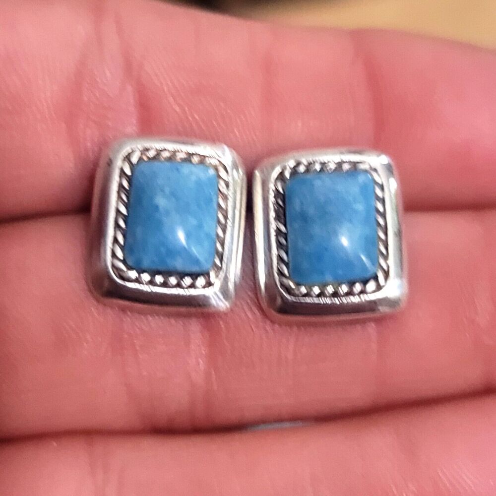 Native American Earrings SE Zuni Silver Stamped Larimar Stud Earrings